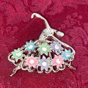Vintage 80s Rhinestoned Floral Ballerina Broach